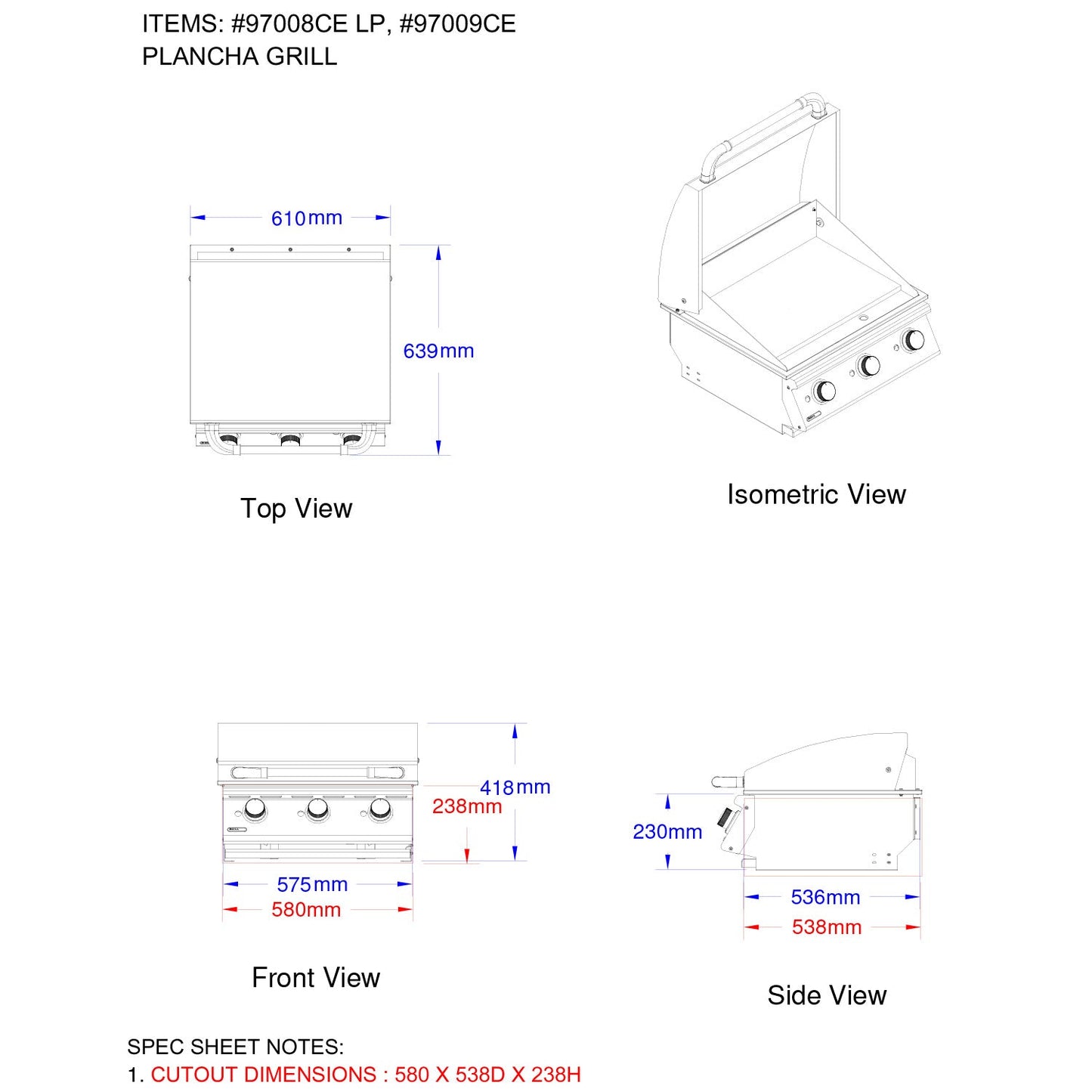 Bull BBQ Component Plancha Griddle 60cm Gas BBQ Built-In - 3 Burners