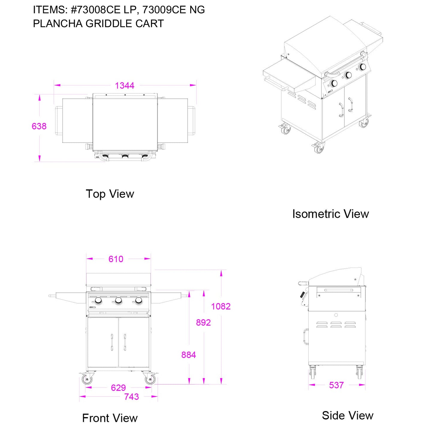 Bull BBQ Plancha Griddle 60cm Gas BBQ Cart - 3 Burners